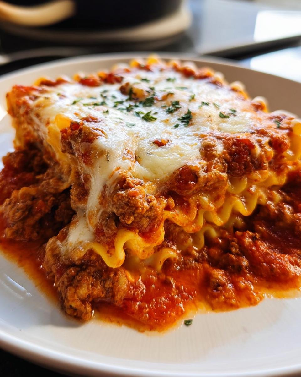 A delicious slice of Cheesy Lasagna Roll-Ups, layered with pasta, meat sauce, and melted cheese.