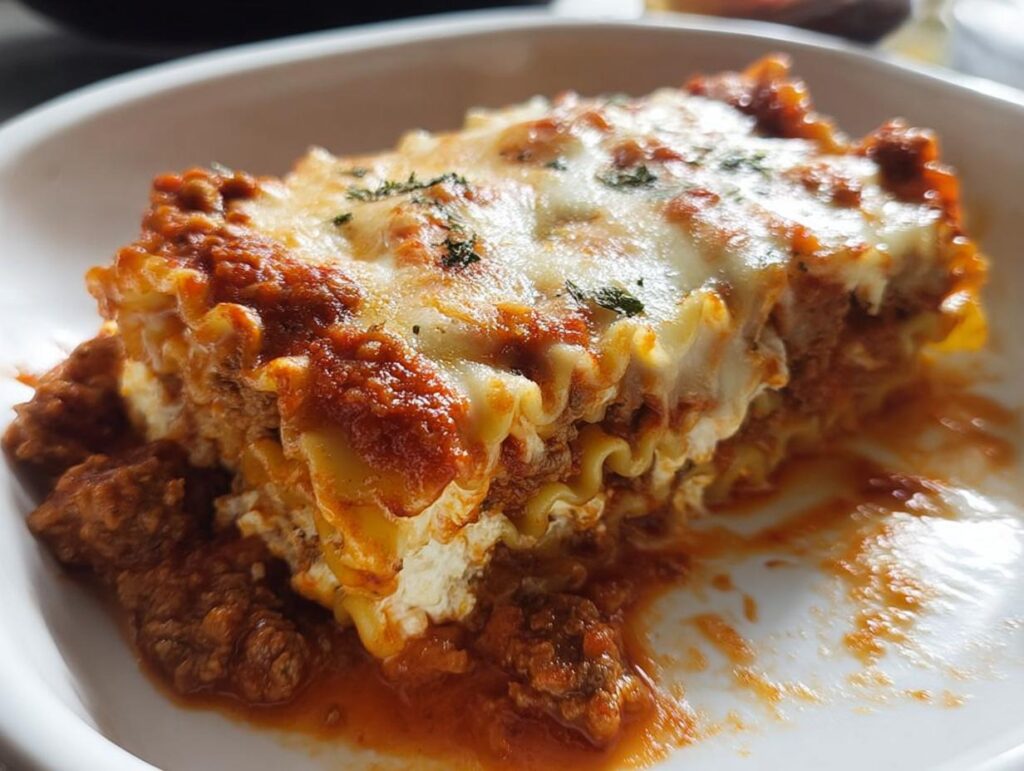 A close-up of a delicious slice of Cheesy Lasagna Roll-Ups, showing layers of pasta, meat sauce, and melted cheese.