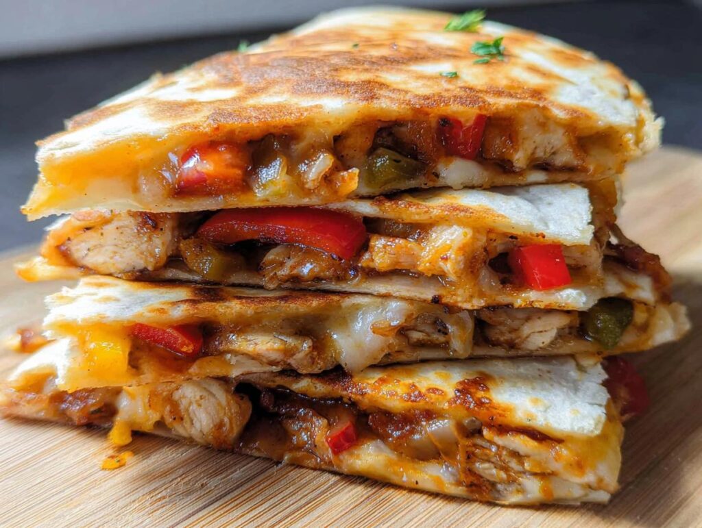 A stack of delicious Chicken Fajita Quesadillas filled with chicken, peppers, and cheese.