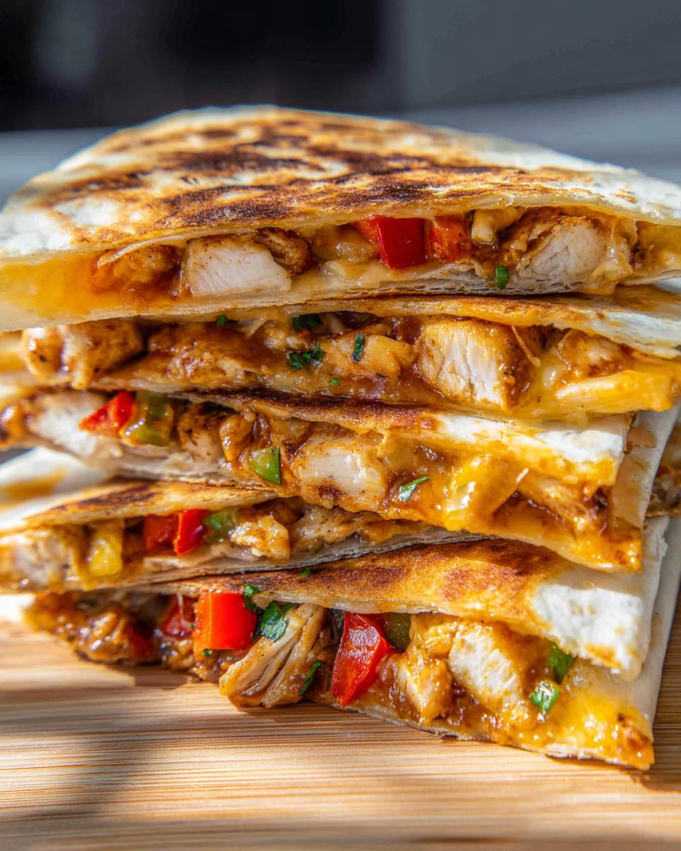 Stack of Chicken Fajita Quesadillas filled with chicken, peppers, and cheese.