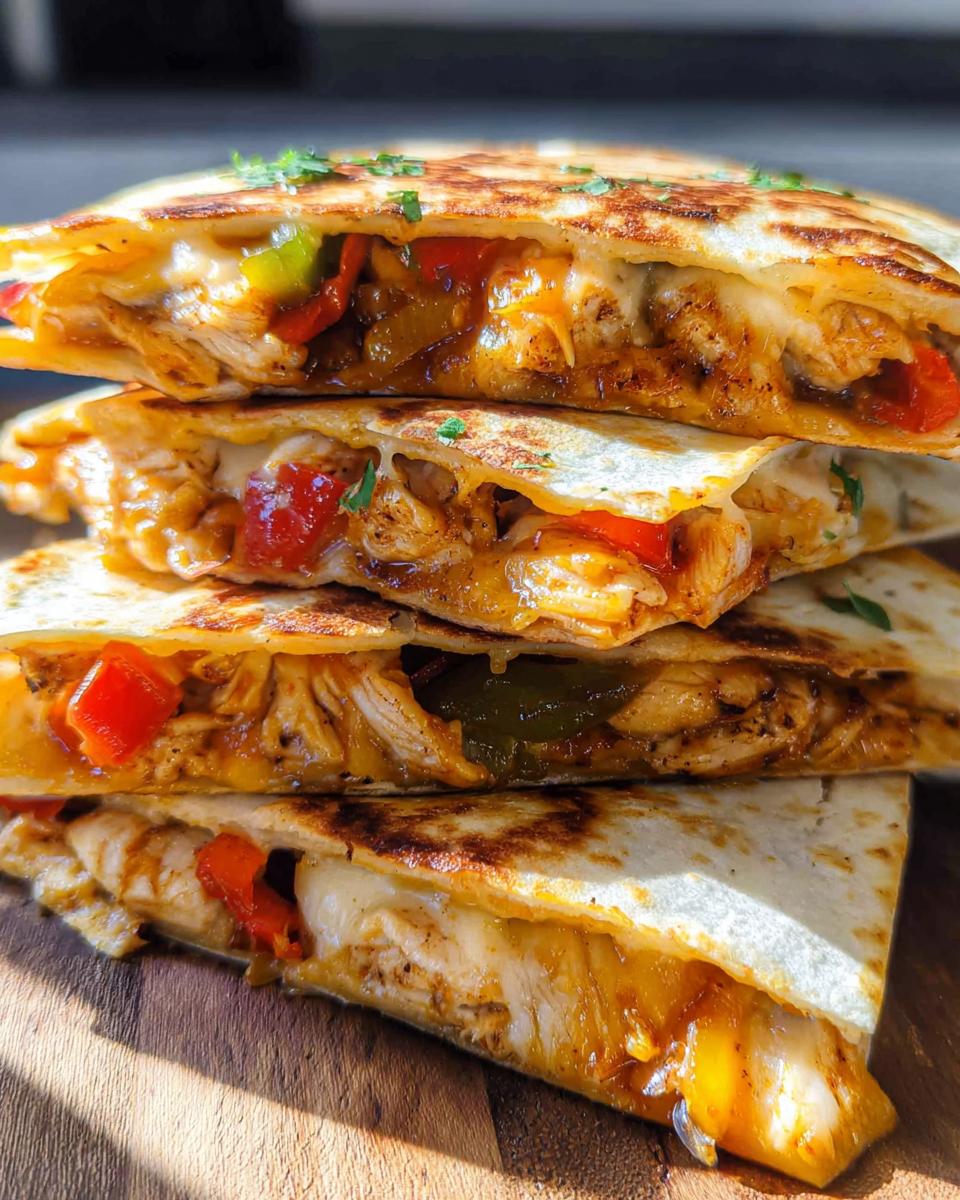 A stack of delicious Chicken Fajita Quesadillas filled with chicken, peppers, and melted cheese.