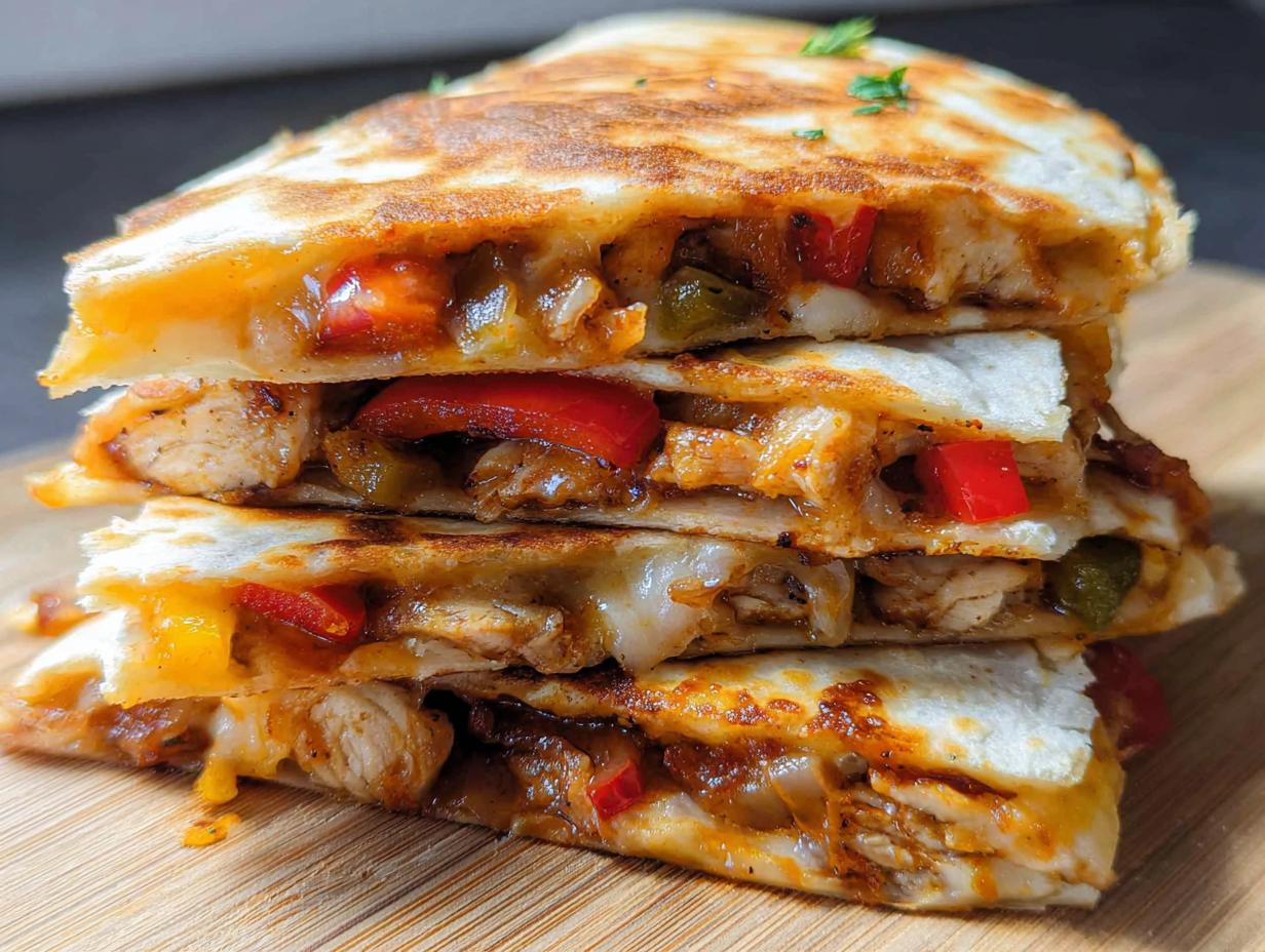 A stack of delicious Chicken Fajita Quesadillas filled with chicken, peppers, and cheese.