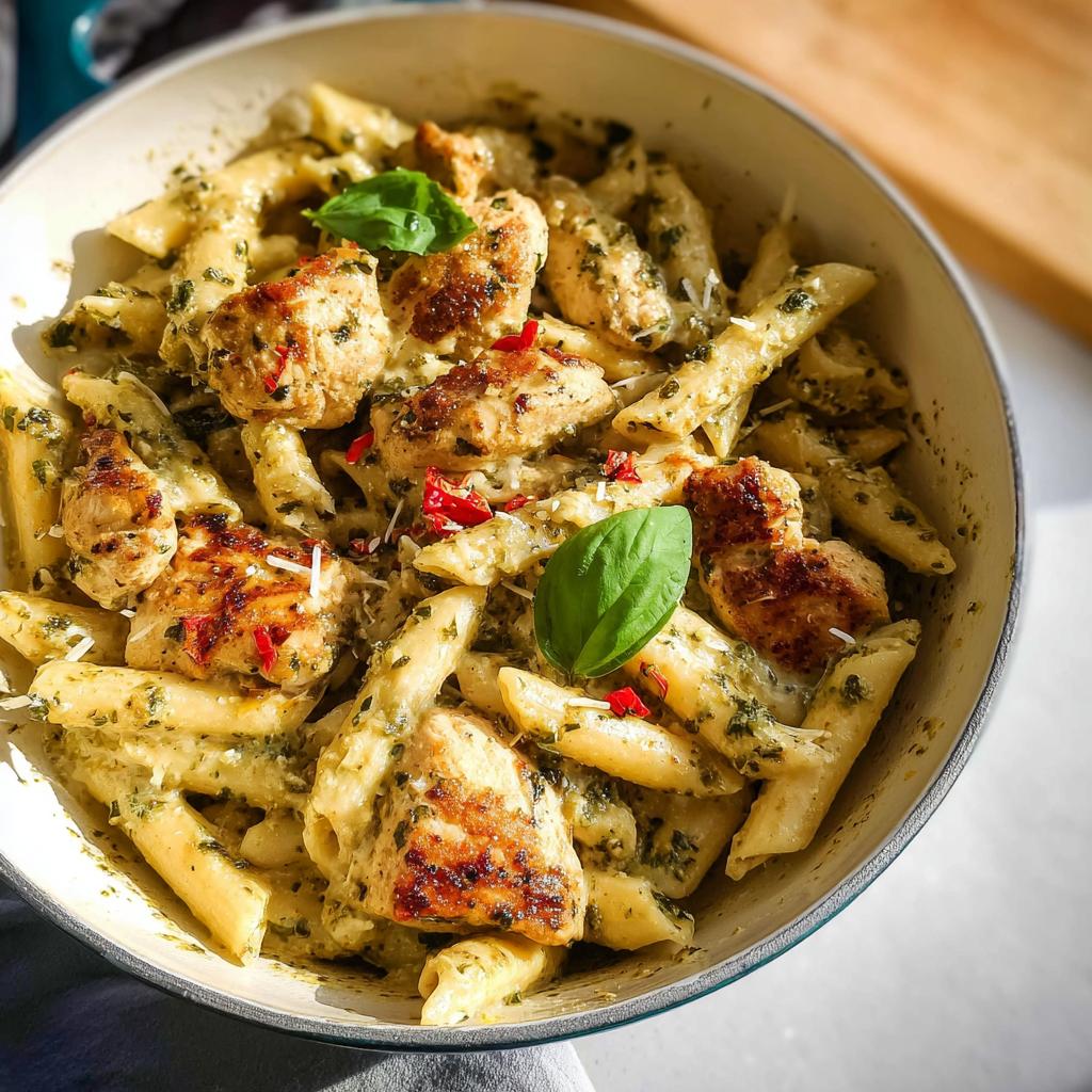 A close-up of a pan filled with creamy Chicken Pesto Pasta, garnished with basil leaves and red pepper flakes.
