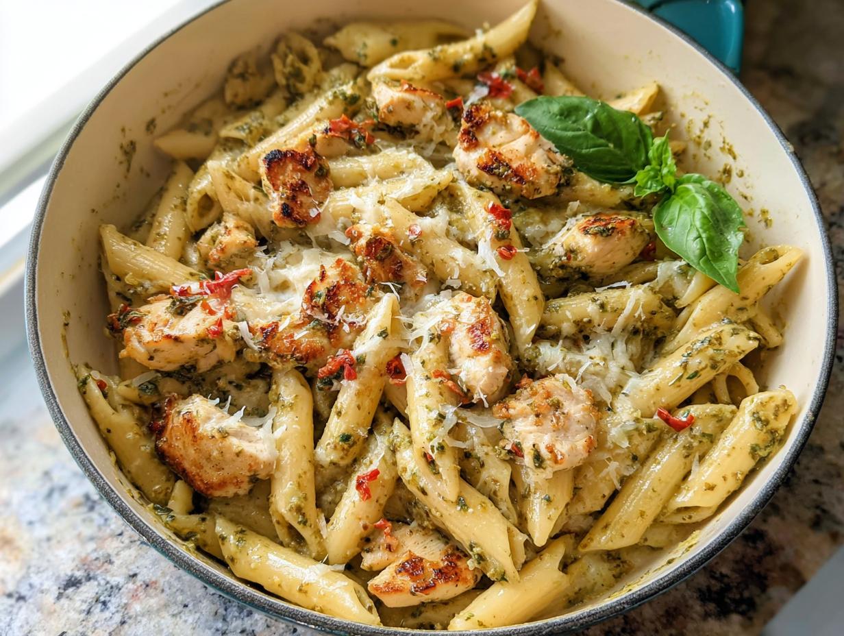 A close-up overhead view of a pot filled with Chicken Pesto Pasta, garnished with basil and cheese.