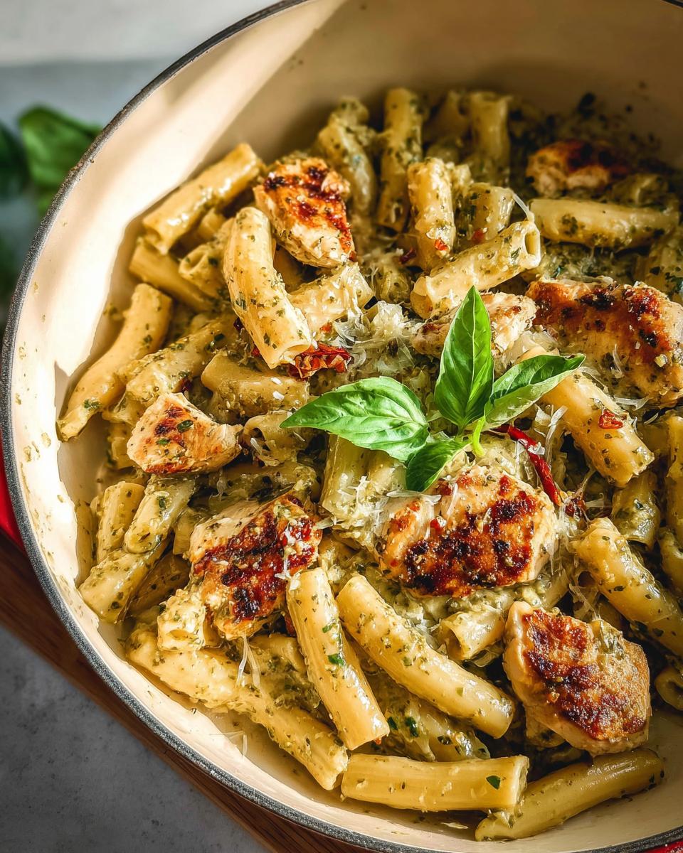 A close-up of a pot filled with Chicken Pesto Pasta, featuring penne pasta, grilled chicken pieces, and fresh basil.