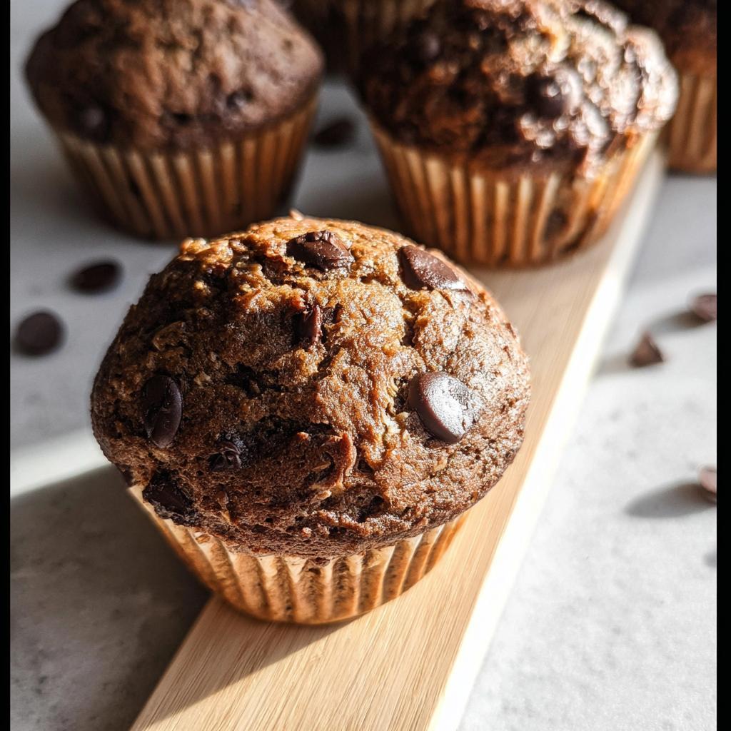 Close-up of a Chocolate “Bat” Banana Muffin with chocolate chips on a wooden board.
