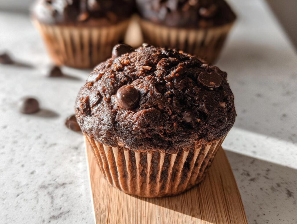 A close-up of a Chocolate “Bat” Banana Muffin, showcasing its rich chocolate chips and texture.