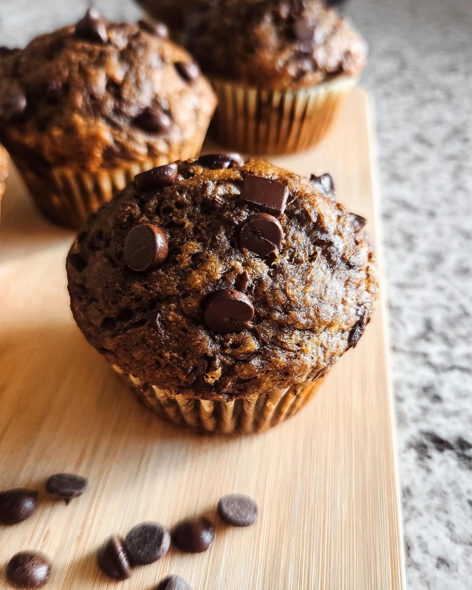 Close-up of Chocolate “Bat” Banana Muffins with chocolate chips on a wooden board.
