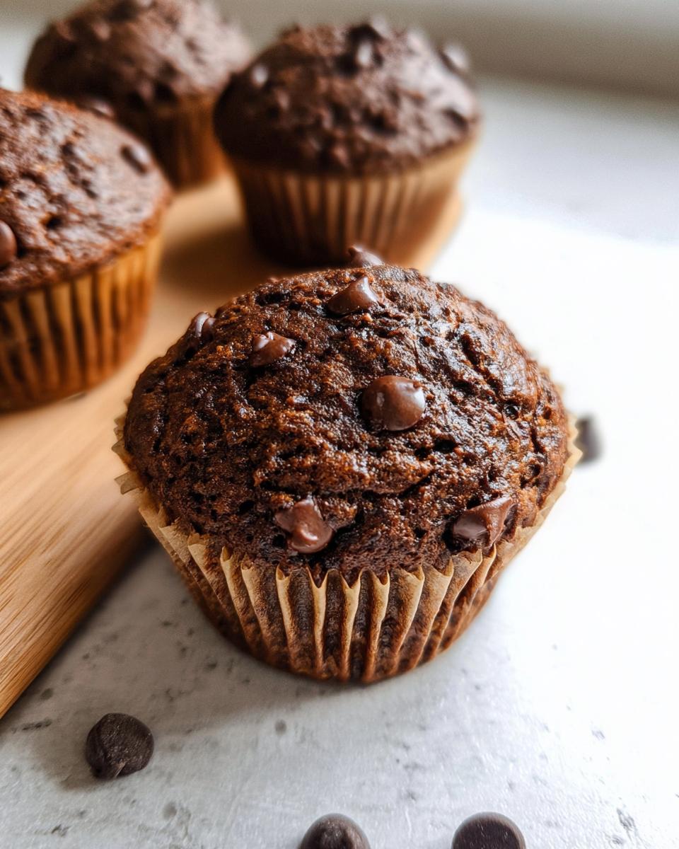 Close-up of Chocolate “Bat” Banana Muffins topped with chocolate chips, baked in paper liners.