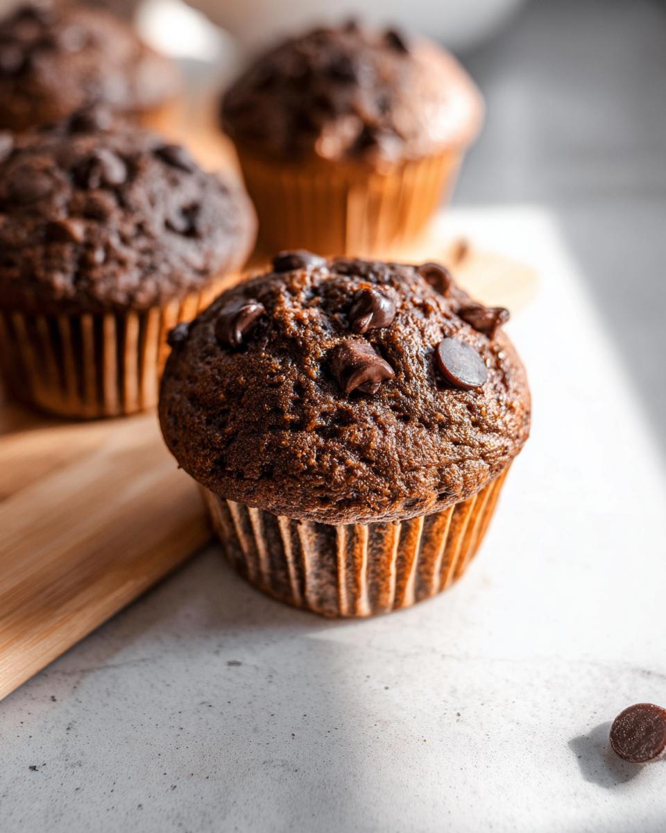 Close-up of chocolate chip-topped Chocolate “Bat” Banana Muffins (Whole Wheat Option) on a wooden board.