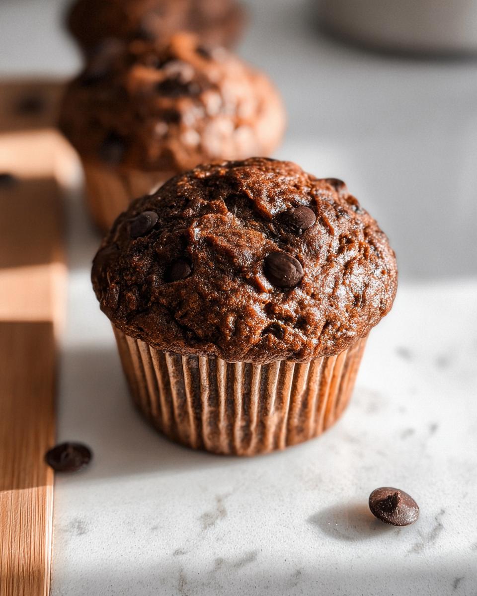 A close-up of a Chocolate “Bat” Banana Muffin topped with chocolate chips, with other muffins in the background.