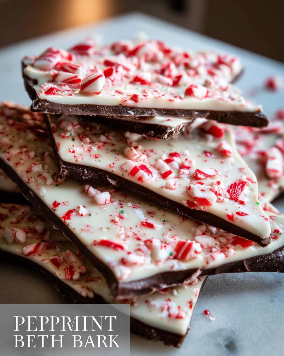 A close-up stack of easy Chocolate Peppermint Bark, featuring dark chocolate topped with white chocolate and crushed candy canes.