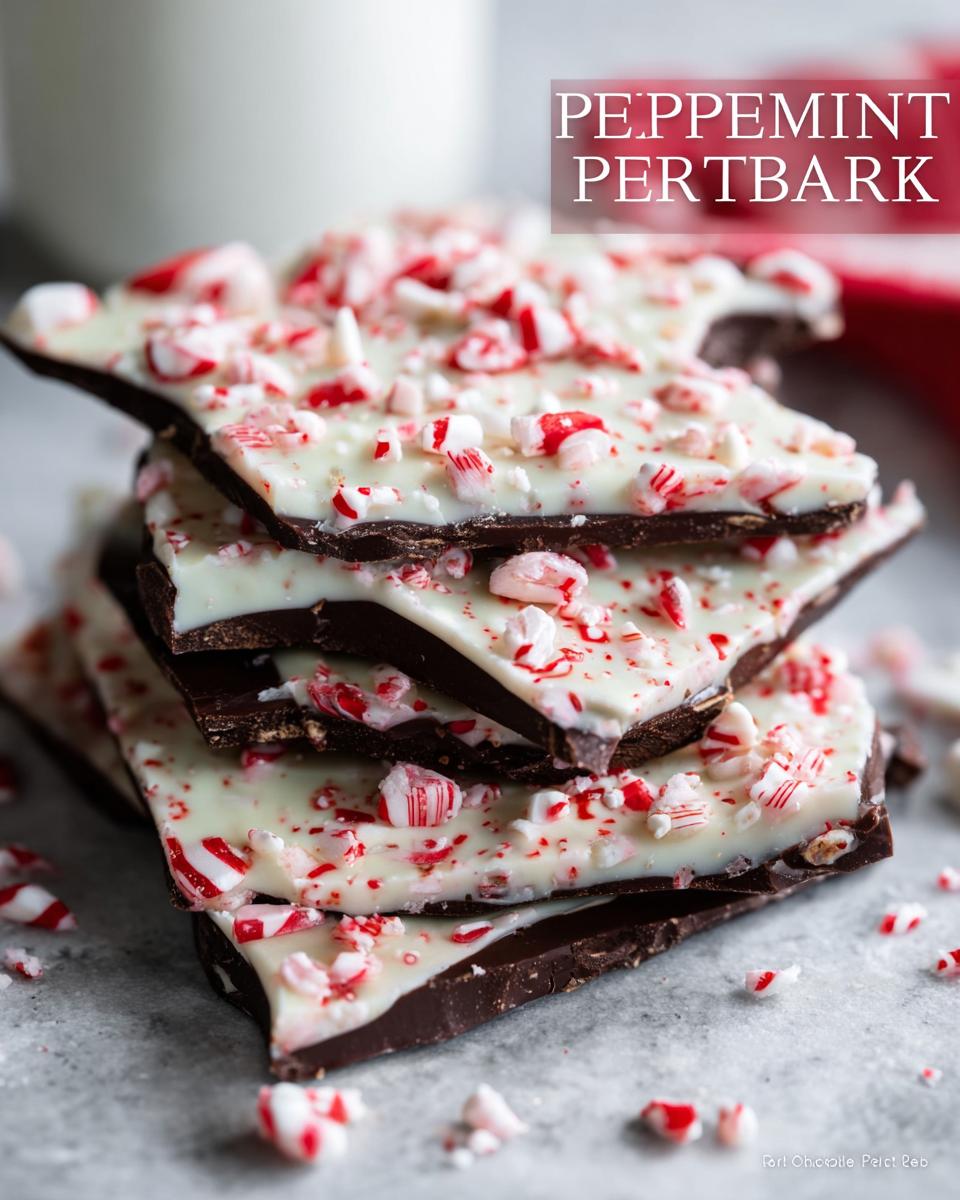 A stack of rich dark chocolate peppermint bark topped with white chocolate and crushed candy canes.