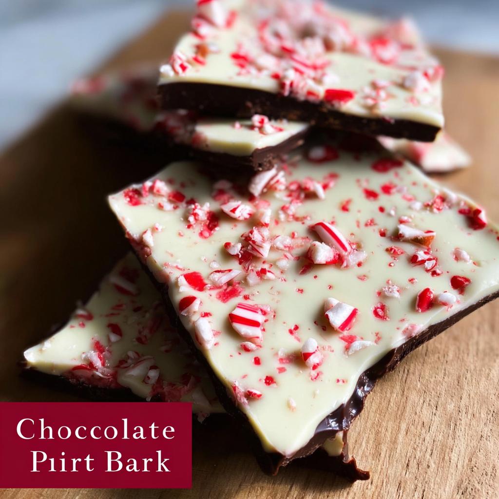Close-up of stacked Chocolate Peppermint Bark pieces, featuring dark chocolate topped with white chocolate and crushed candy canes.