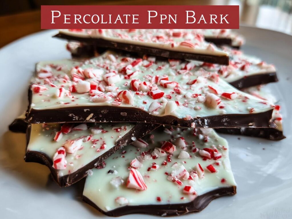 Close-up of stacked Chocolate Peppermint Bark pieces, showcasing dark chocolate, white chocolate, and crushed candy canes.