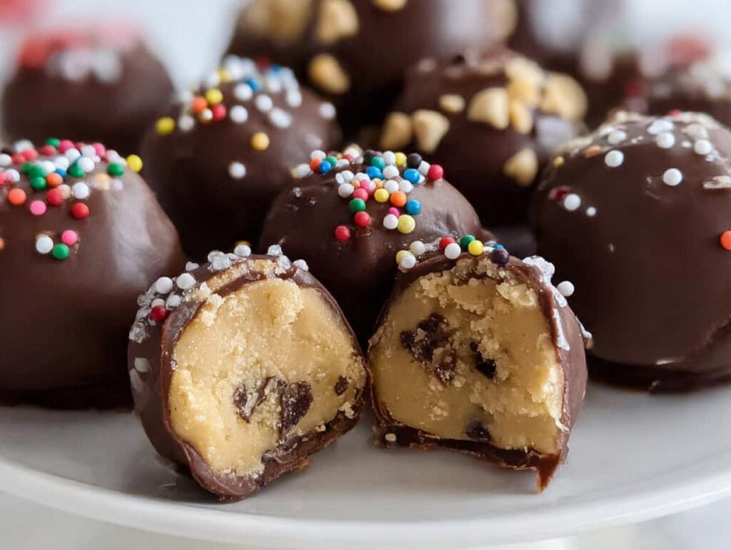 Close-up of Christmas Cookie Dough Truffles, one cut in half to show the cookie dough center with chocolate chips, topped with sprinkles.
