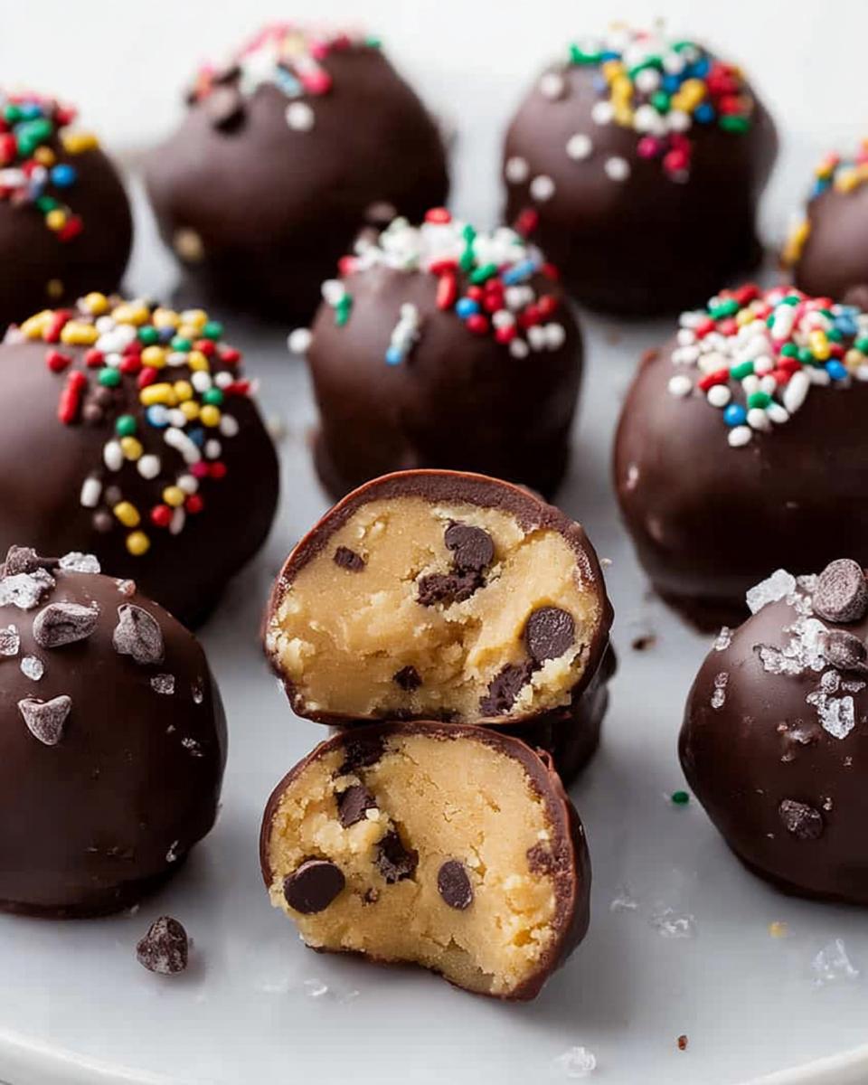 Close-up of Christmas Cookie Dough Truffles, some topped with colorful sprinkles and others with sea salt and chocolate chips. One truffle is cut in half showing the cookie dough center.