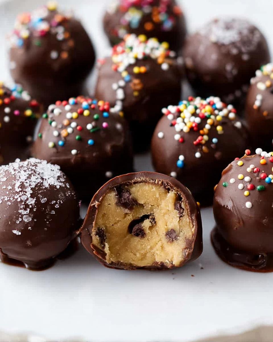 Close-up of Christmas Cookie Dough Truffles, one cut in half revealing chocolate chips inside.