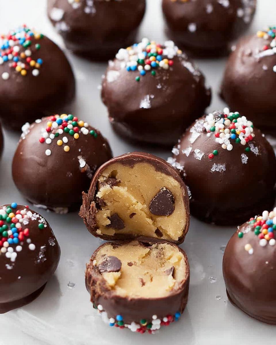 Close-up of Christmas Cookie Dough Truffles, one cut in half showing chocolate chips inside, topped with colorful sprinkles.