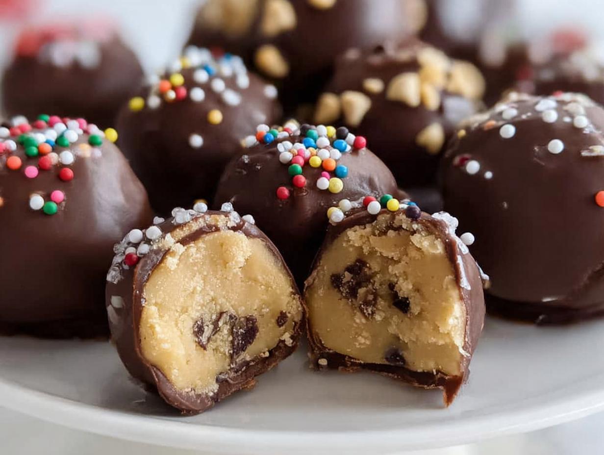 Close-up of Christmas Cookie Dough Truffles, one cut in half to show the cookie dough center with chocolate chips, topped with sprinkles.