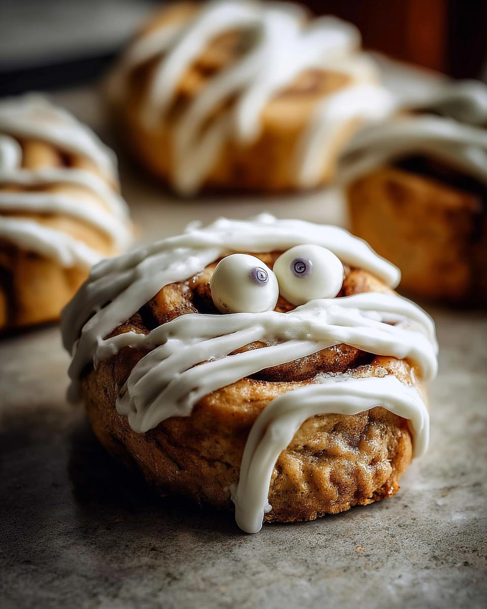 Close-up of a Cinnamon Roll Mummy Stick decorated with white icing and candy eyes for a Halloween treat.