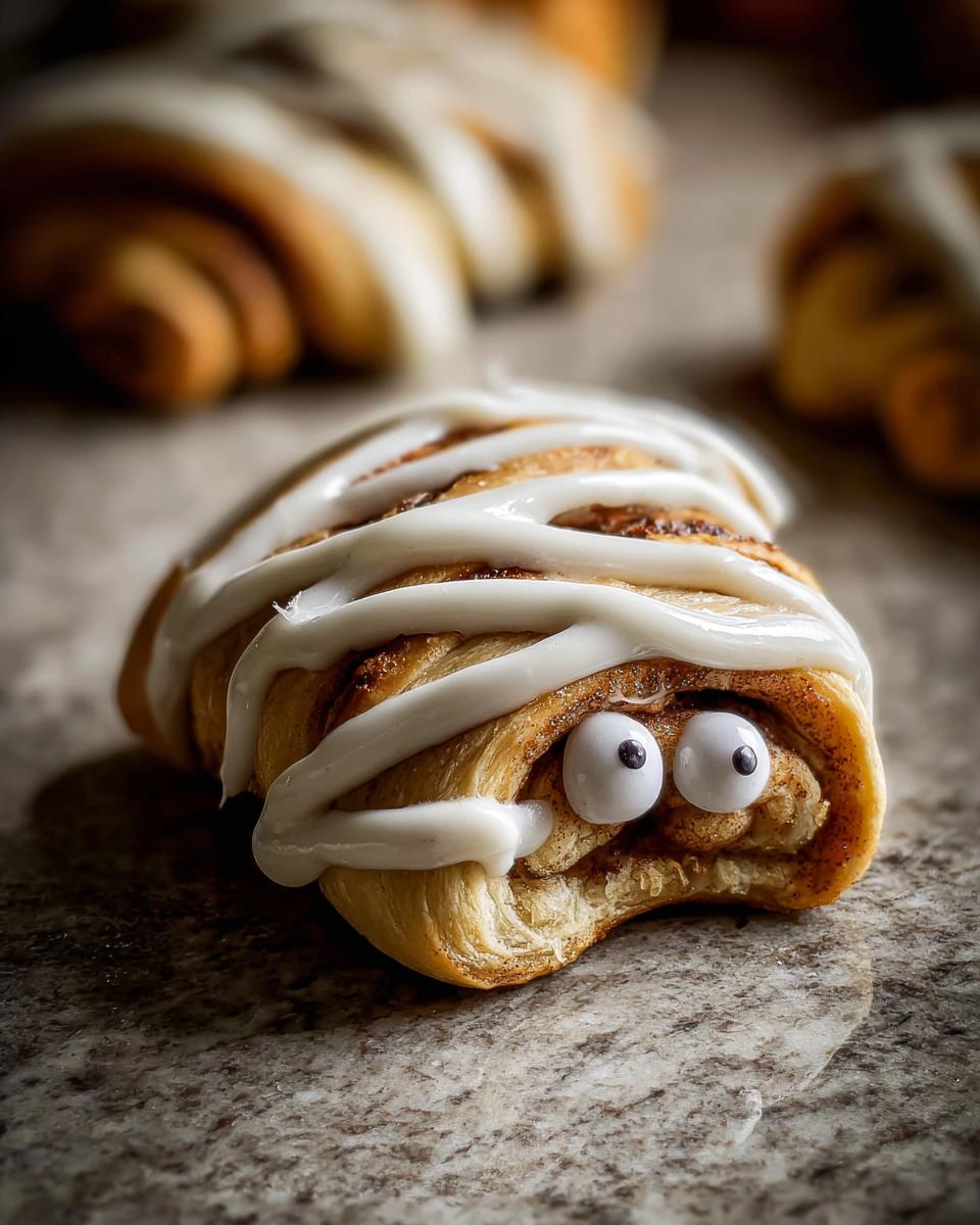 Close-up of a Cinnamon Roll Mummy Stick decorated with icing and candy eyes for a fun Halloween treat.