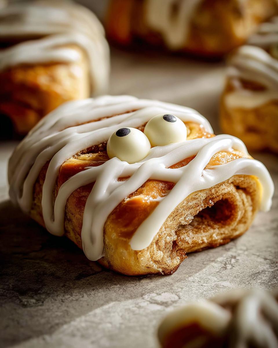 Close-up of a Cinnamon Roll Mummy Stick decorated with white icing and candy eyes for a Halloween treat.