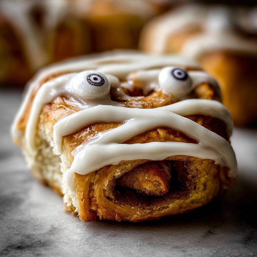 Close-up of a Cinnamon Roll Mummy Sticks decorated with icing and candy eyes for a spooky Halloween treat.