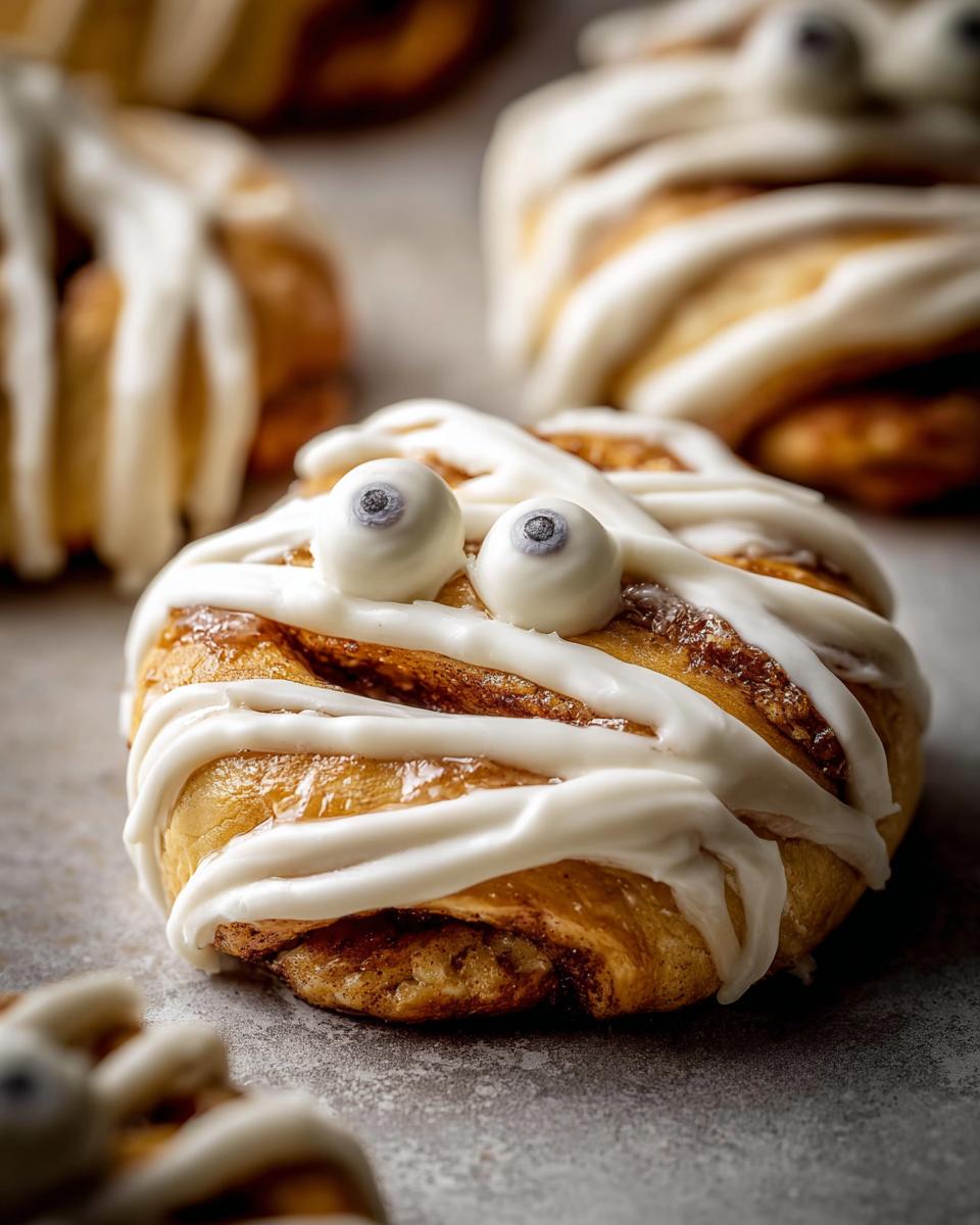 Close-up of a Cinnamon Roll Mummy Sticks with icing and candy eyes for a Halloween treat.