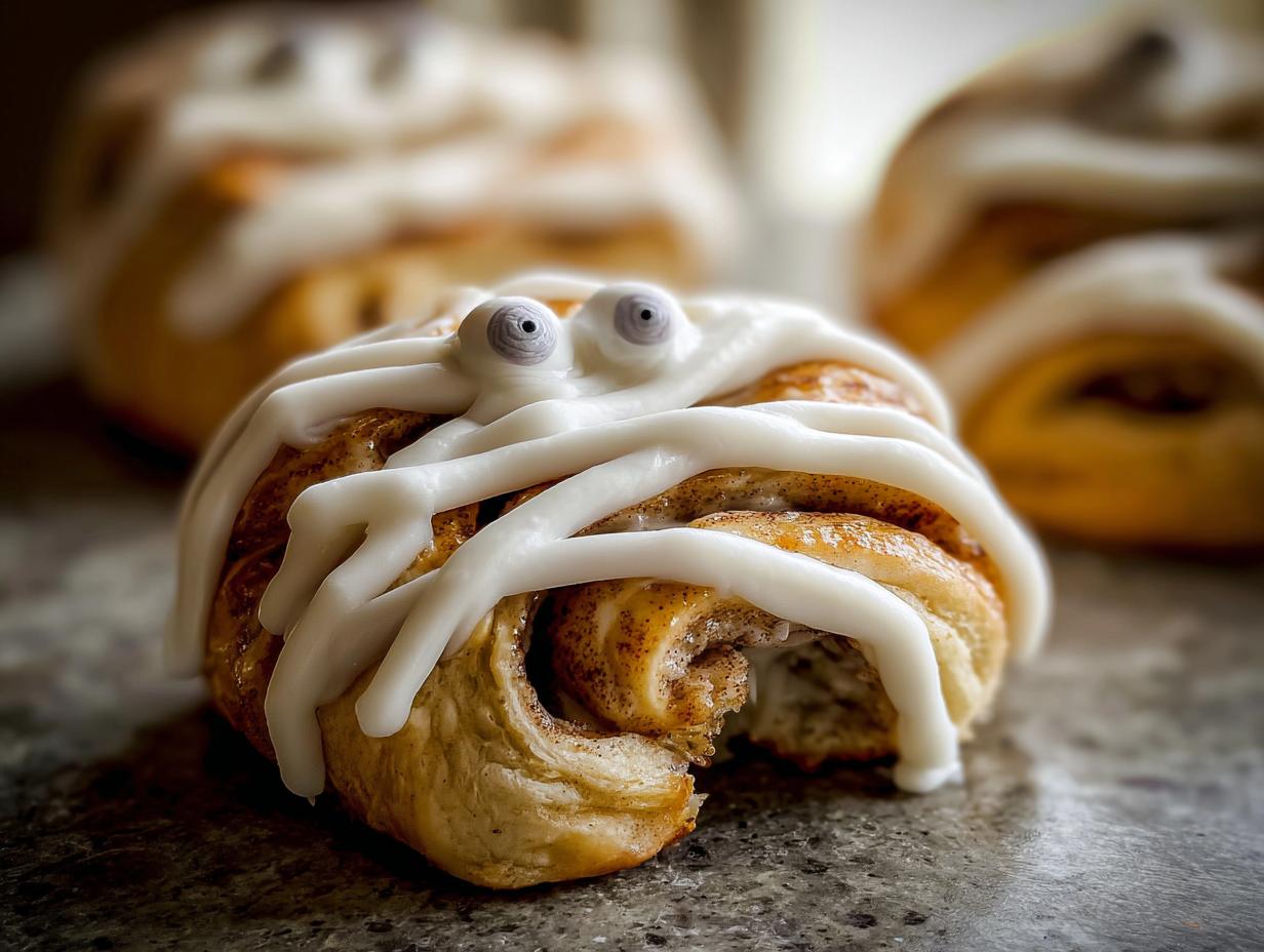 Close-up of a Cinnamon Roll Mummy Stick decorated with icing and candy eyes for a fun Halloween treat.