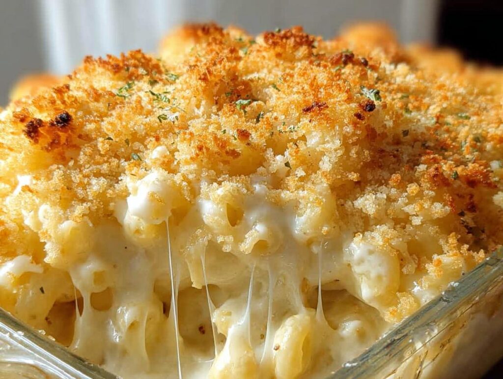 Close-up of Classic Mac and Cheese with a golden breadcrumb topping and gooey melted cheese strings.