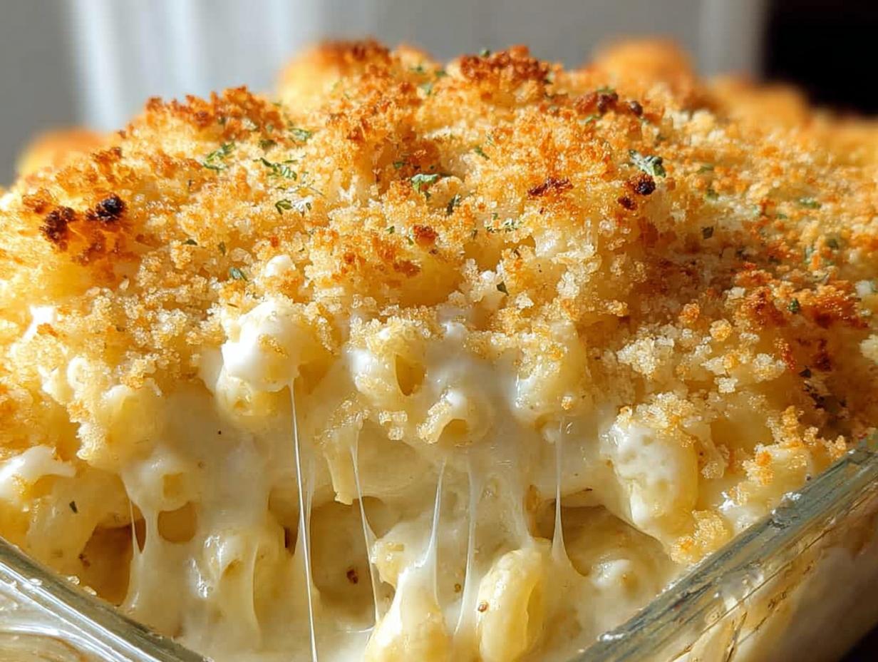 Close-up of Classic Mac and Cheese with a golden breadcrumb topping and gooey melted cheese strings.