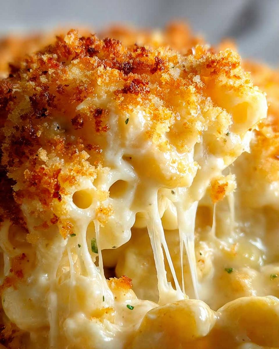 Close-up of gooey Classic Mac and Cheese with a crispy breadcrumb topping, showing long cheese pulls.