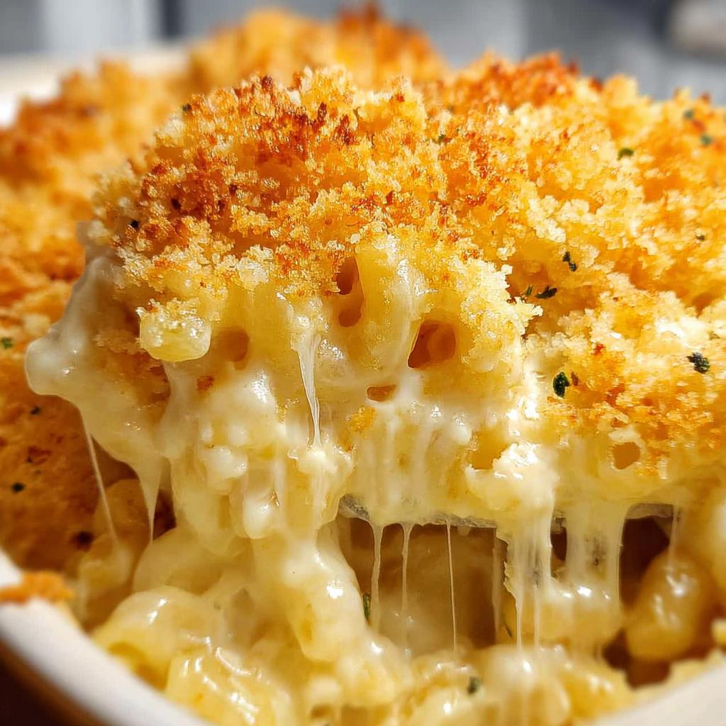 Close-up of a serving spoon lifting a portion of Classic Mac and Cheese, showing gooey melted cheese and a golden breadcrumb topping.
