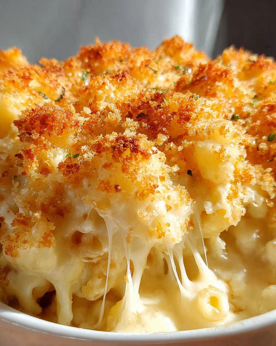 Close-up of gooey, cheesy Classic Mac and Cheese with a golden breadcrumb topping.