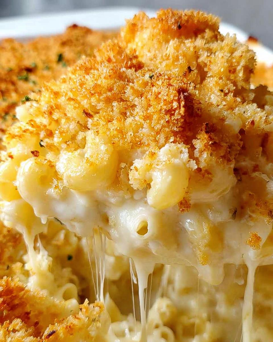 A close-up of a serving spoon lifting a portion of Classic Mac and Cheese, showing gooey melted cheese and a golden breadcrumb topping.