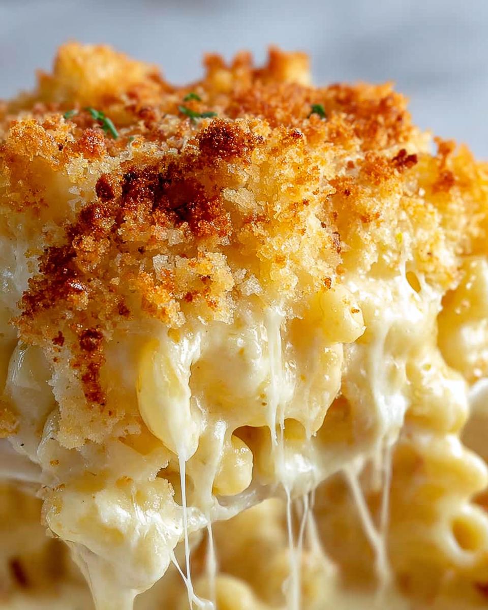 Close-up of a spoonful of Classic Mac and Cheese, showing gooey melted cheese and a golden breadcrumb topping.