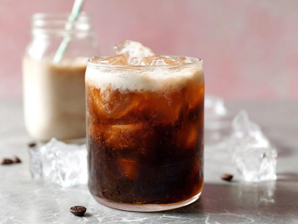 A refreshing glass of Cold Brew with Vanilla Sweet Cream, topped with foam and ice, with a bottle of cream in the background.
