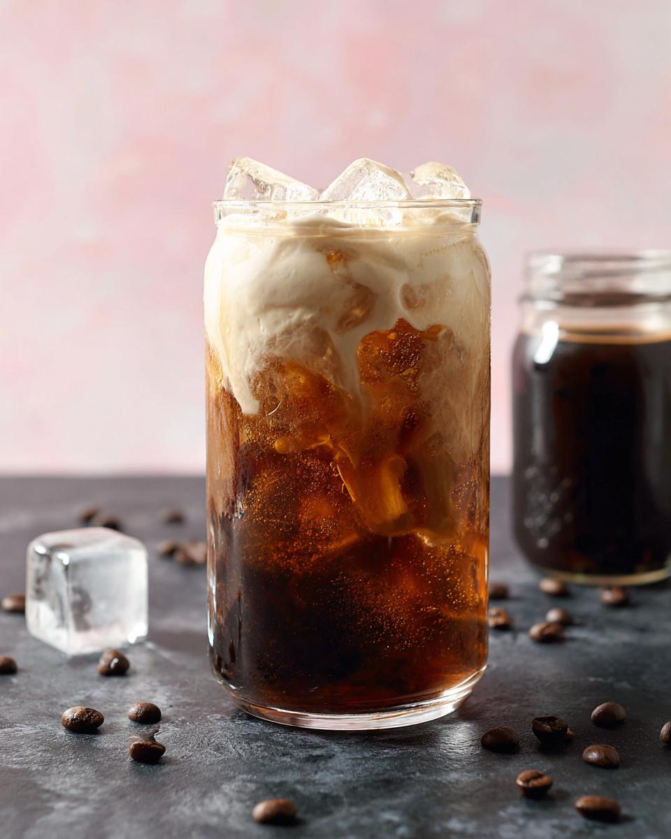 A tall glass of Cold Brew with Vanilla Sweet Cream, filled with ice and topped with a creamy layer.