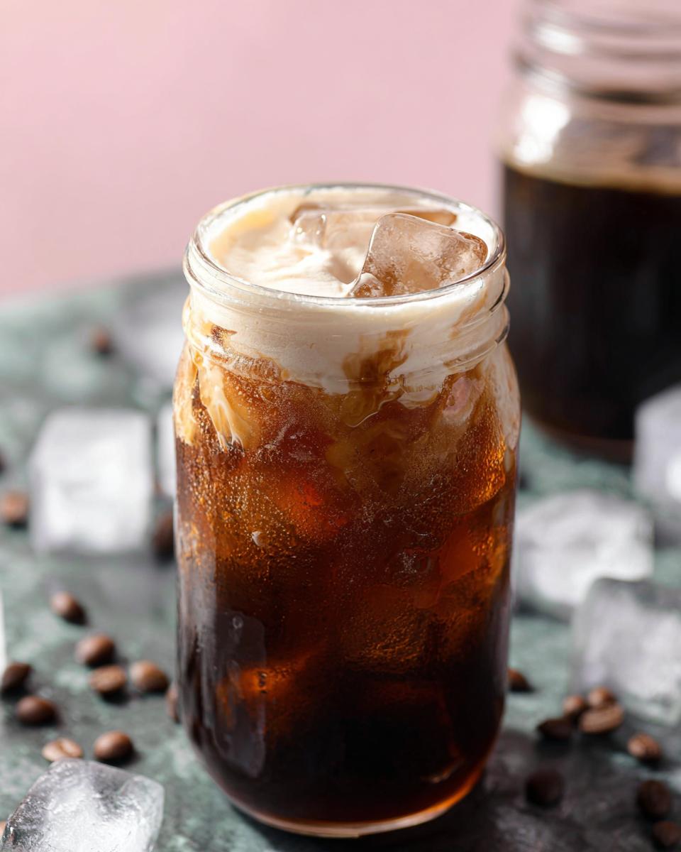 A tall glass jar filled with cold brew coffee, ice, and topped with vanilla sweet cream.