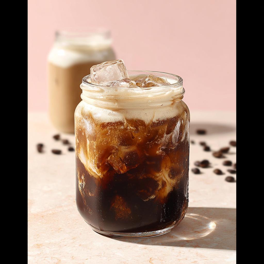 A refreshing glass jar filled with cold brew coffee and creamy vanilla sweet cream, topped with ice.