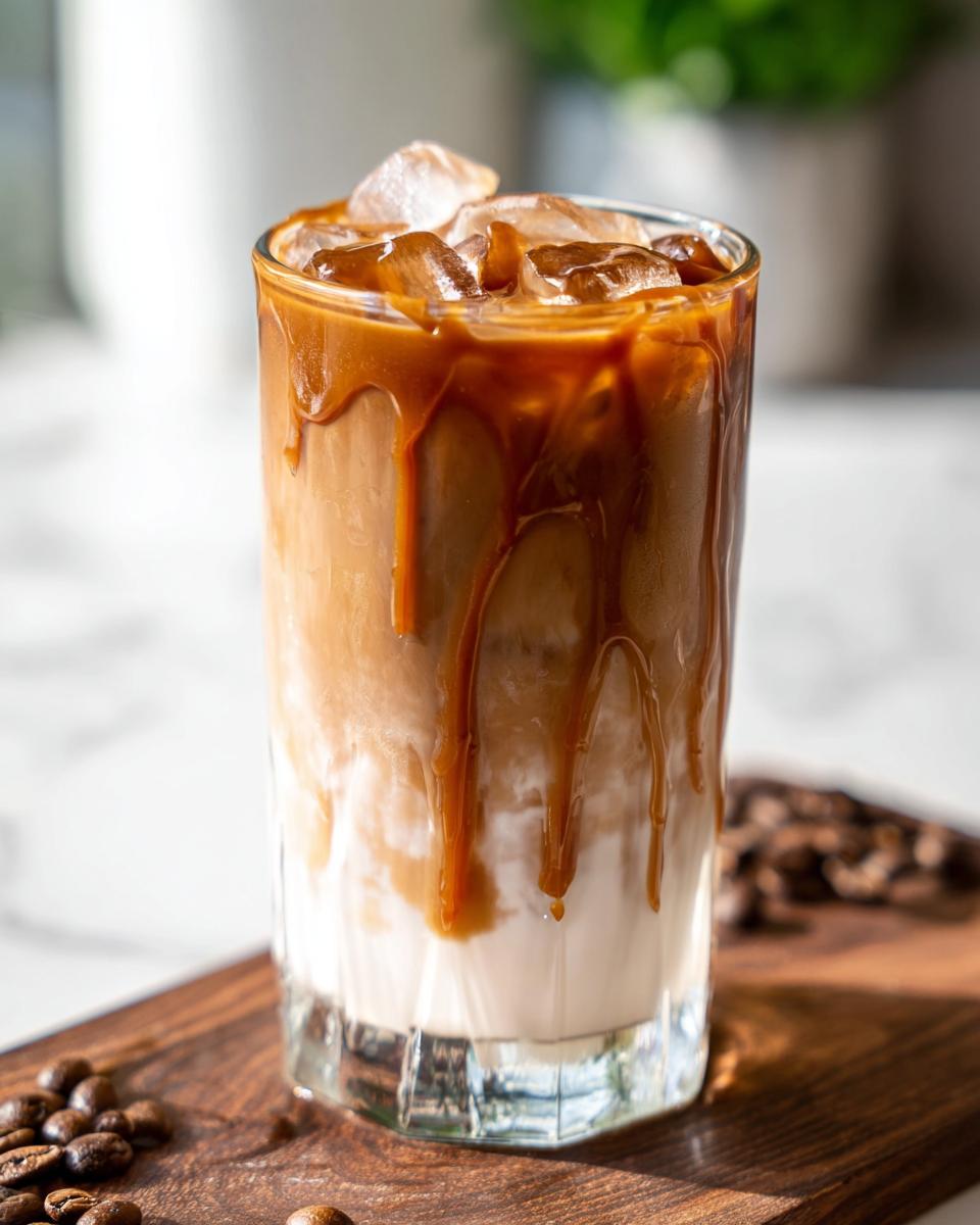 A tall glass filled with iced coffee, milk, and caramel drizzle, perfect for a Copycat Iced Caramel Macchiato.