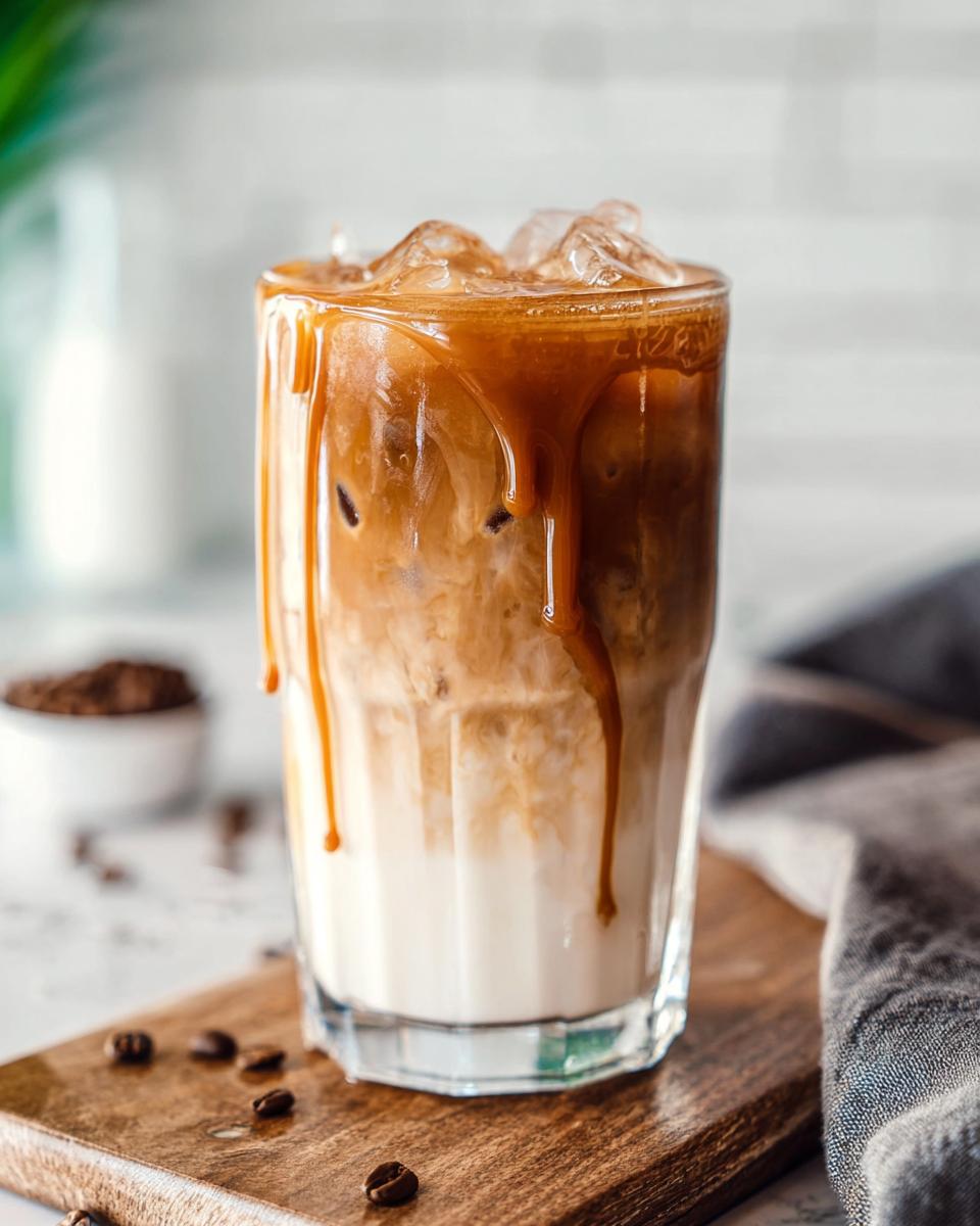 A tall glass of Copycat Iced Caramel Macchiato with ice, layered milk and coffee, and caramel drizzle.
