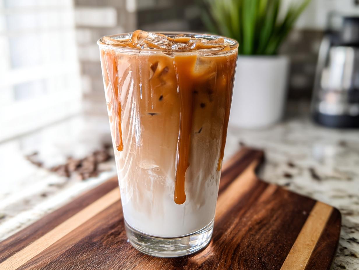 A tall glass of Copycat Iced Caramel Macchiato with layers of milk, espresso, and caramel drizzle.