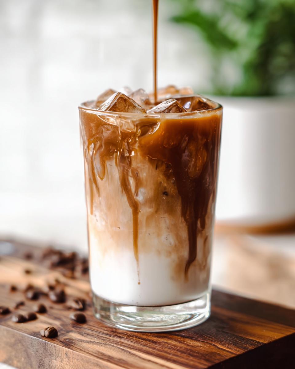 Close-up of espresso being poured into a glass of milk and ice for a Copycat Iced Caramel Macchiato.