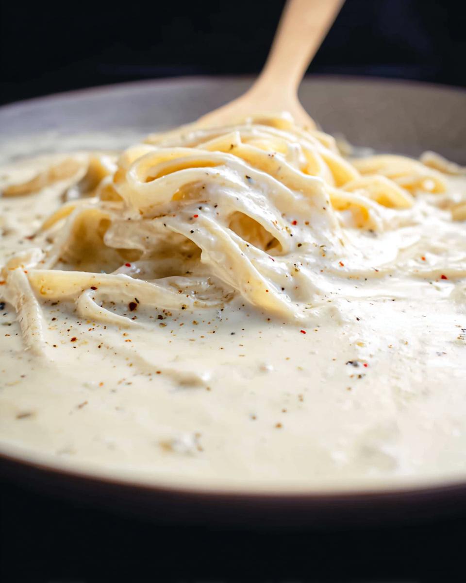Close-up of fettuccine pasta coated in a rich, creamy Alfredo sauce with cracked black pepper.