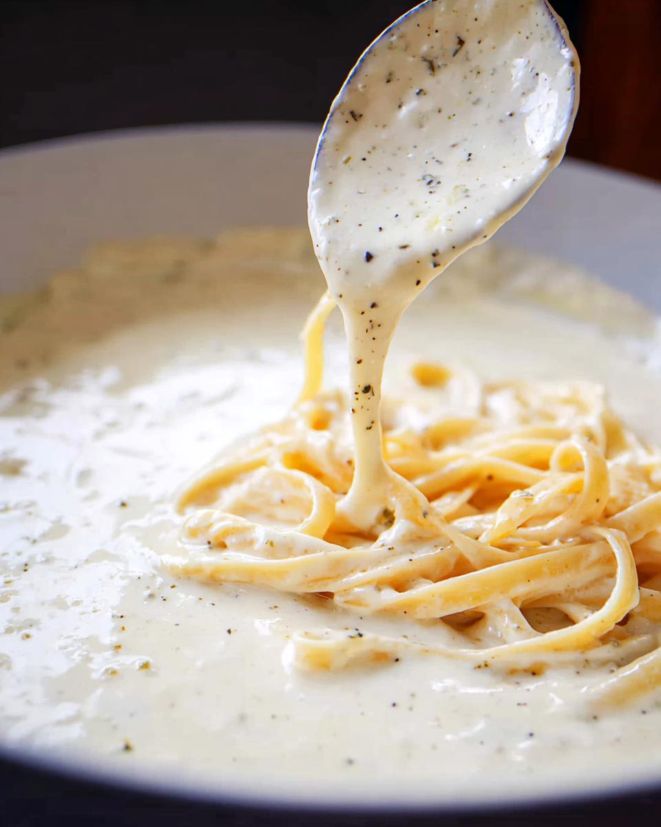 Close-up of fettuccine pasta being coated in a rich, creamy Alfredo sauce with black pepper.