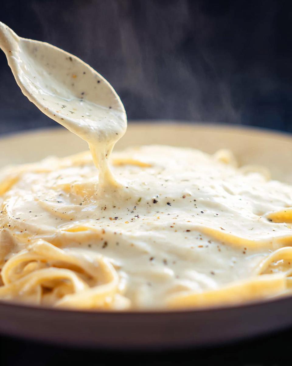 A spoon drizzling rich, creamy Alfredo sauce over fettuccine pasta in a bowl. This Creamy Alfredo Pasta Recipe is a quick delight.