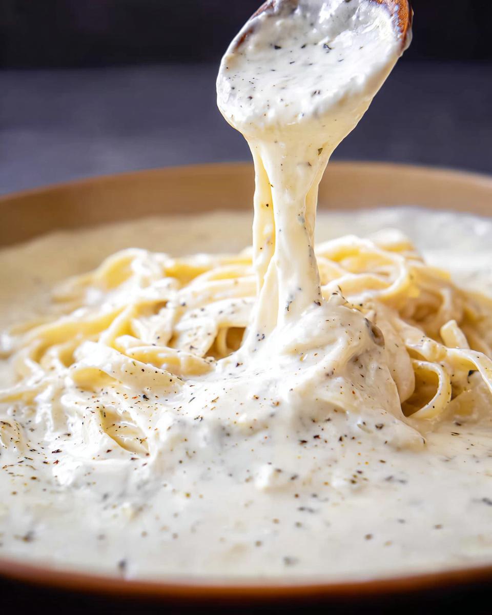 A spoonful of creamy Alfredo sauce being poured over fettuccine pasta in a bowl.