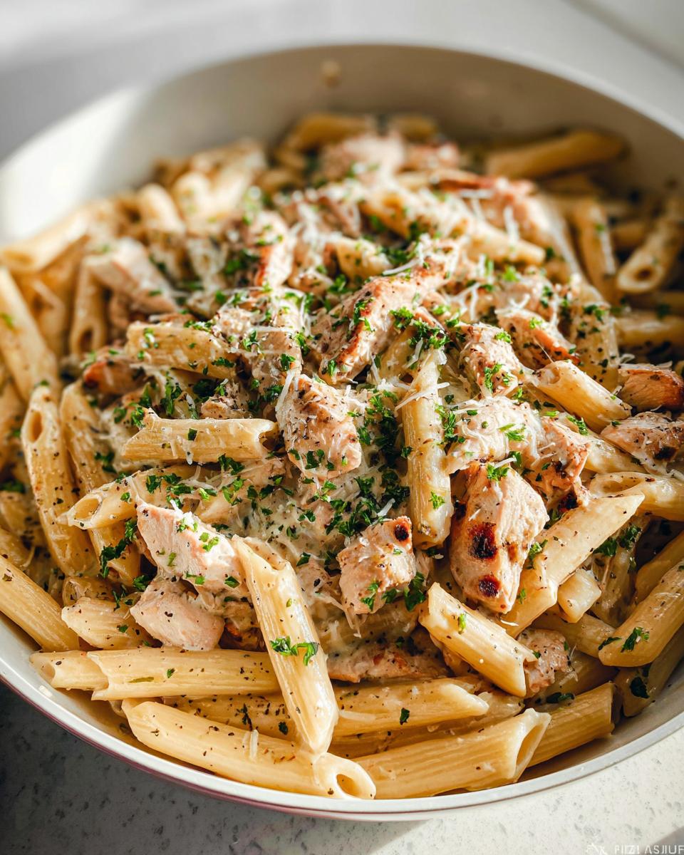 A close-up of a generous serving of creamy garlic chicken pasta, topped with grated cheese and fresh parsley.